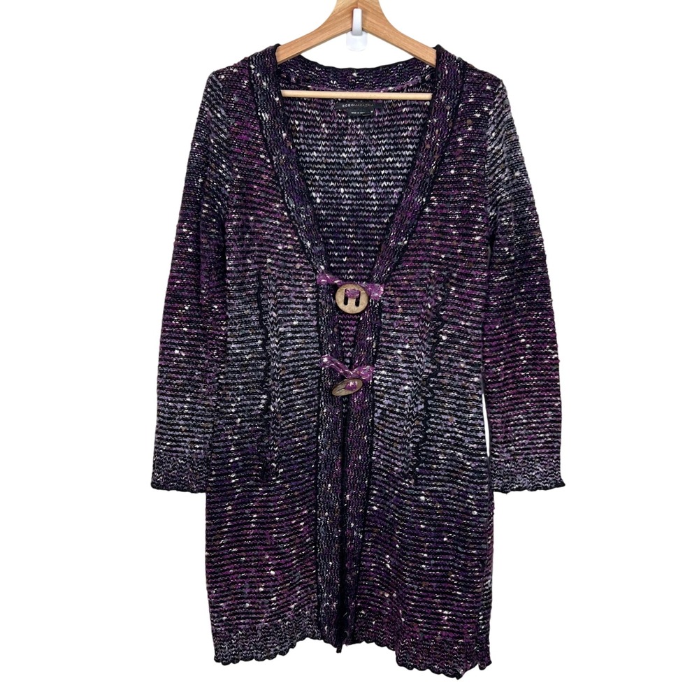 BCBGMAXAZRIA Purple Multi Color Speckled Knit Long Open Front Cardigan Sweater M